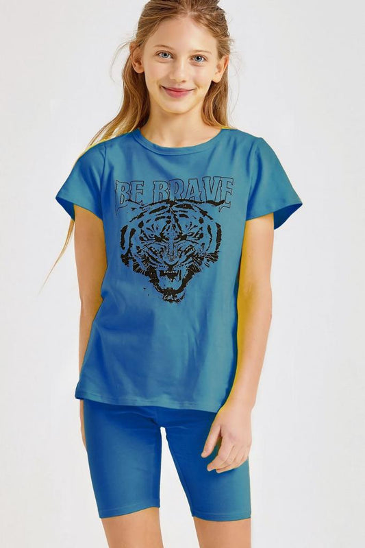 TIGER GRAPHIC TEE AND BIKER SHORTS SET BLUE